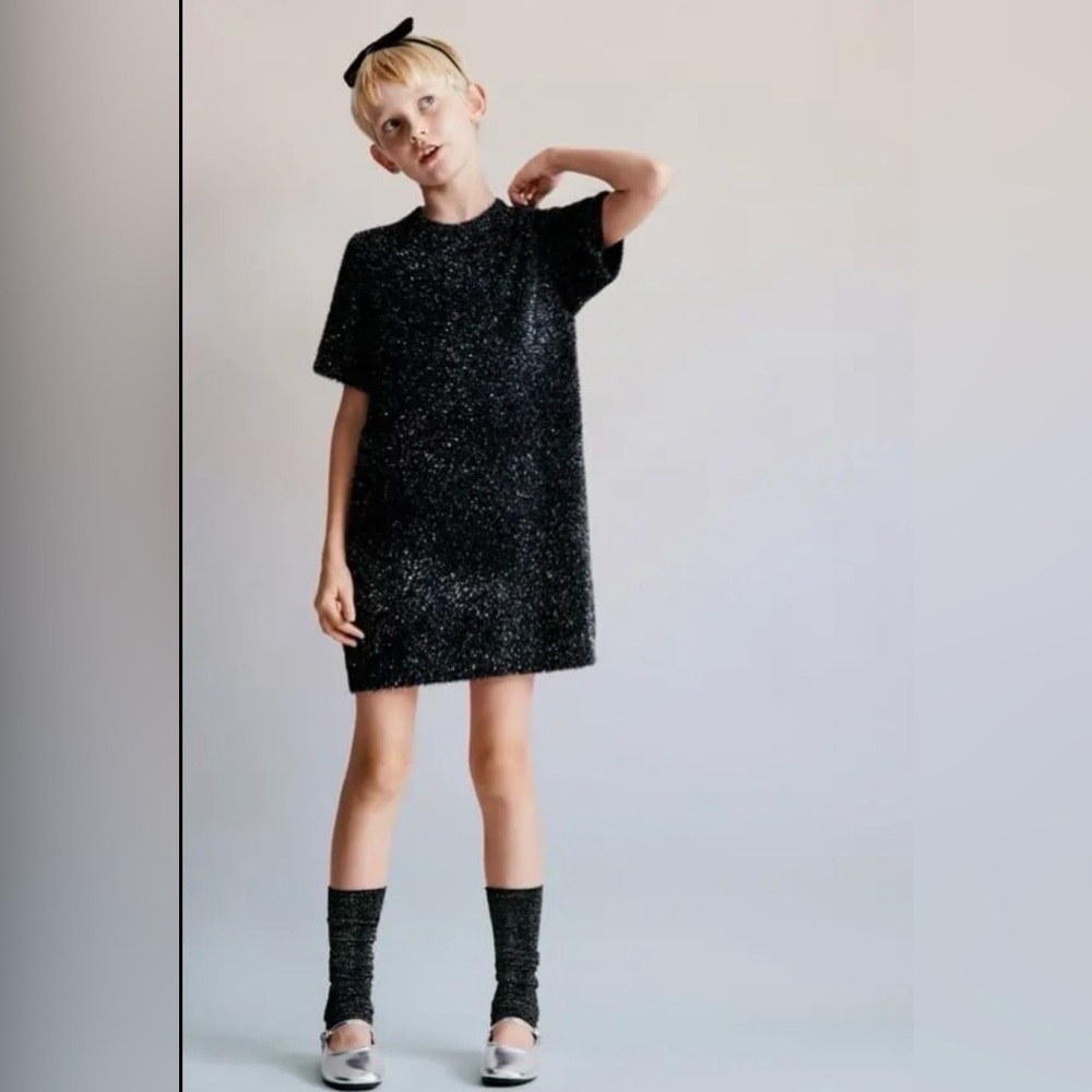 Zara Girls Black Metallic Fuzzy Knit Dress 13–14 (164) Sparkle Party Dress